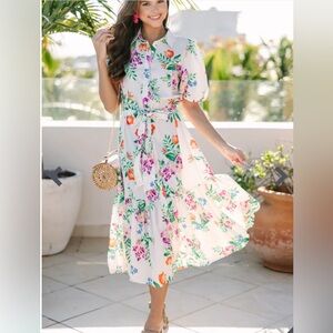 Give You Everything Ivory White Floral Midi Dress